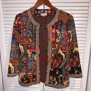 Joan Rivers Moroccan Flair Knit Jacket w/ 3/4 Sleeves XS brown vibrant print